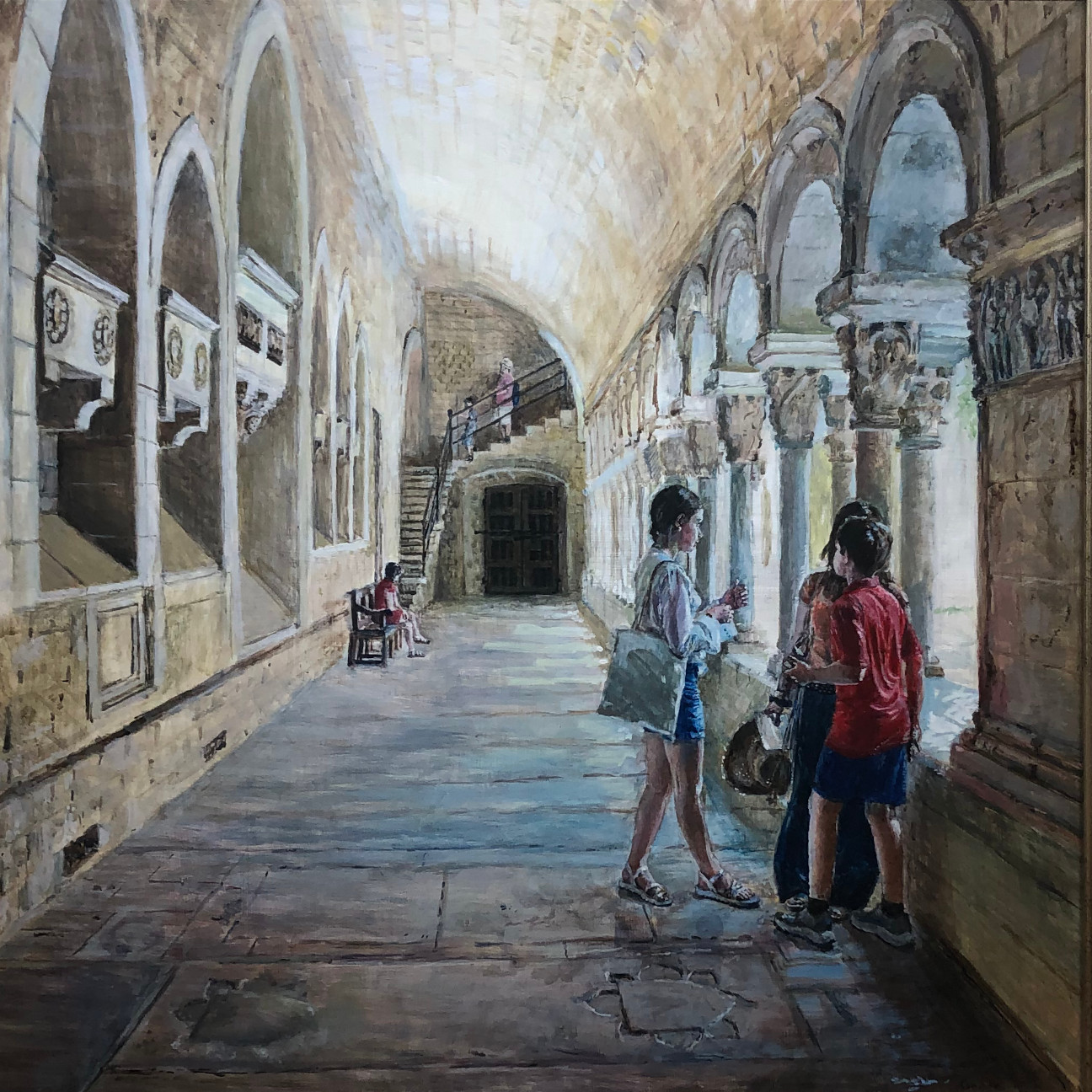 woman and children in cloister