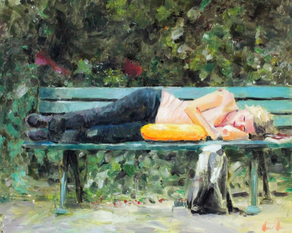 woman lying on bench